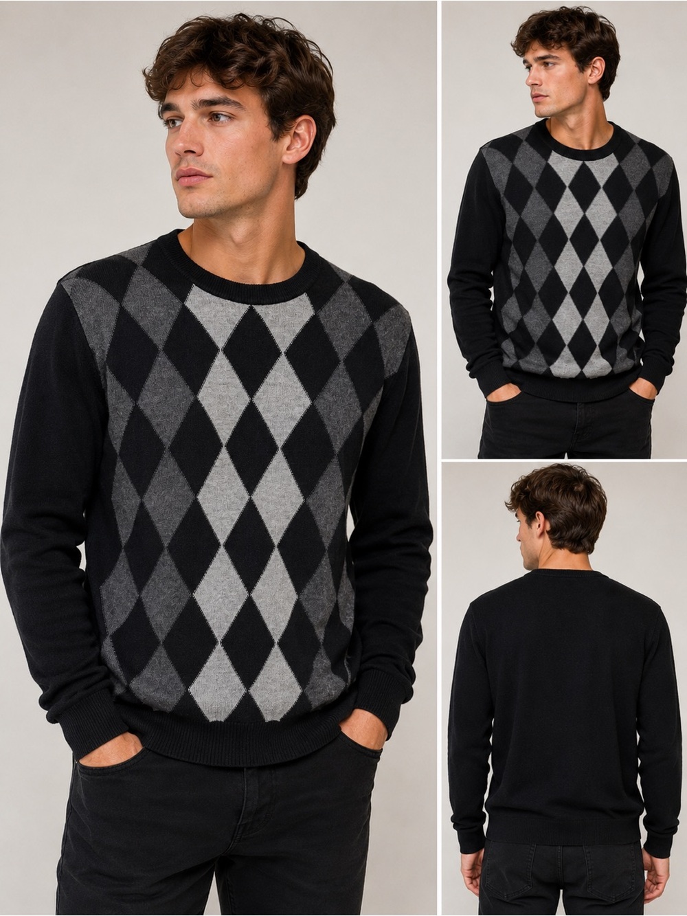 Garret Scott Men’s 100% Merino Wool Argyle Crewneck Sweater Large
